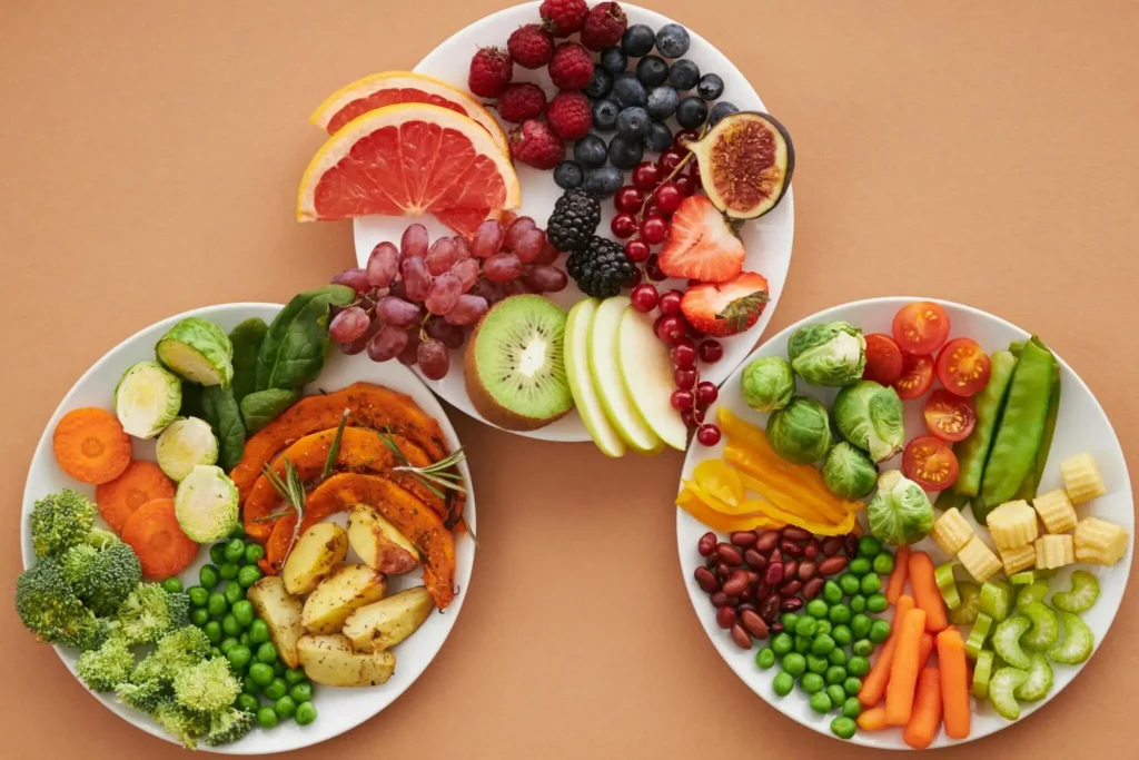 Top View of Plates Full of Fruits and Vegetables