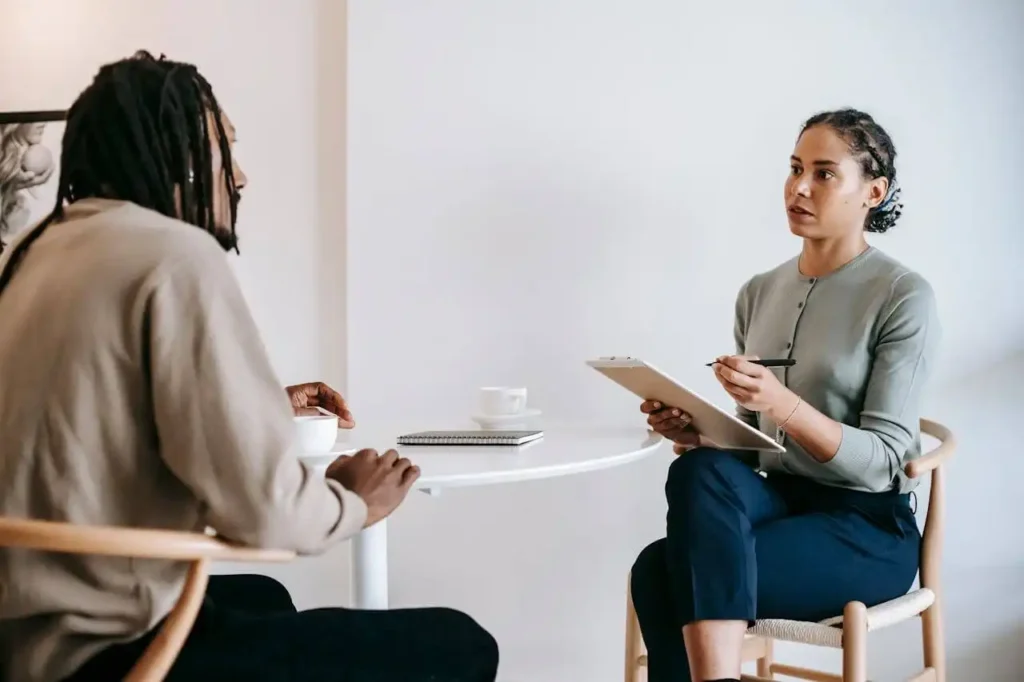 male client during individual treatment in addiction treatment center in corona california