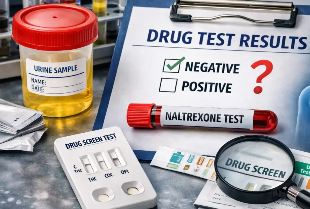 Laboratory drug testing setup with urine specimen, rapid test kit, and magnifying glass over drug screen results