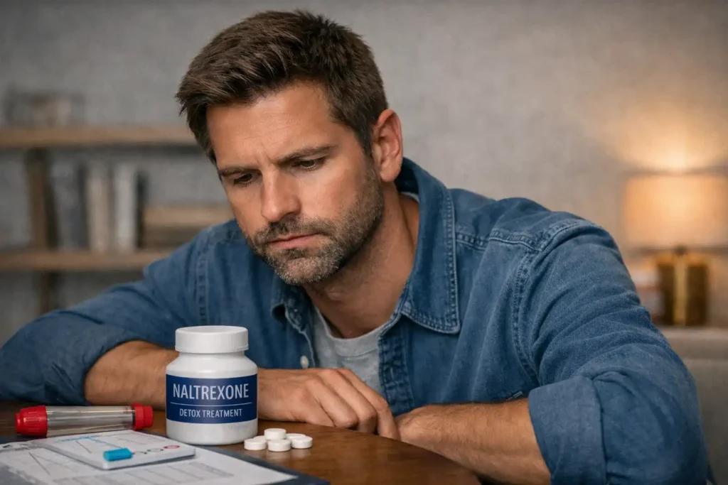 Man sitting at a table, thoughtfully looking at a Naltrexone bottle and pills.