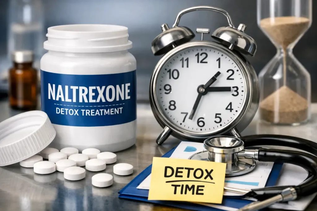 Naltrexone detox concept with pill bottle, clock, and stethoscope