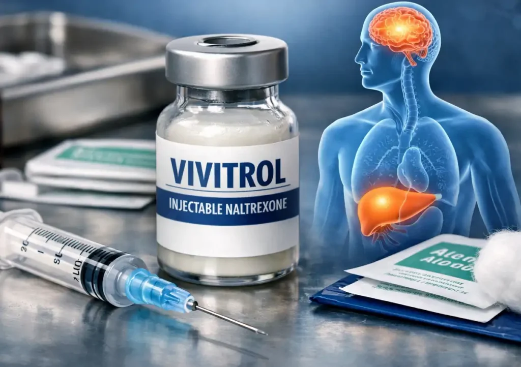 Vivitrol vial and syringe representing injectable naltrexone treatment for alcohol and opioid dependence