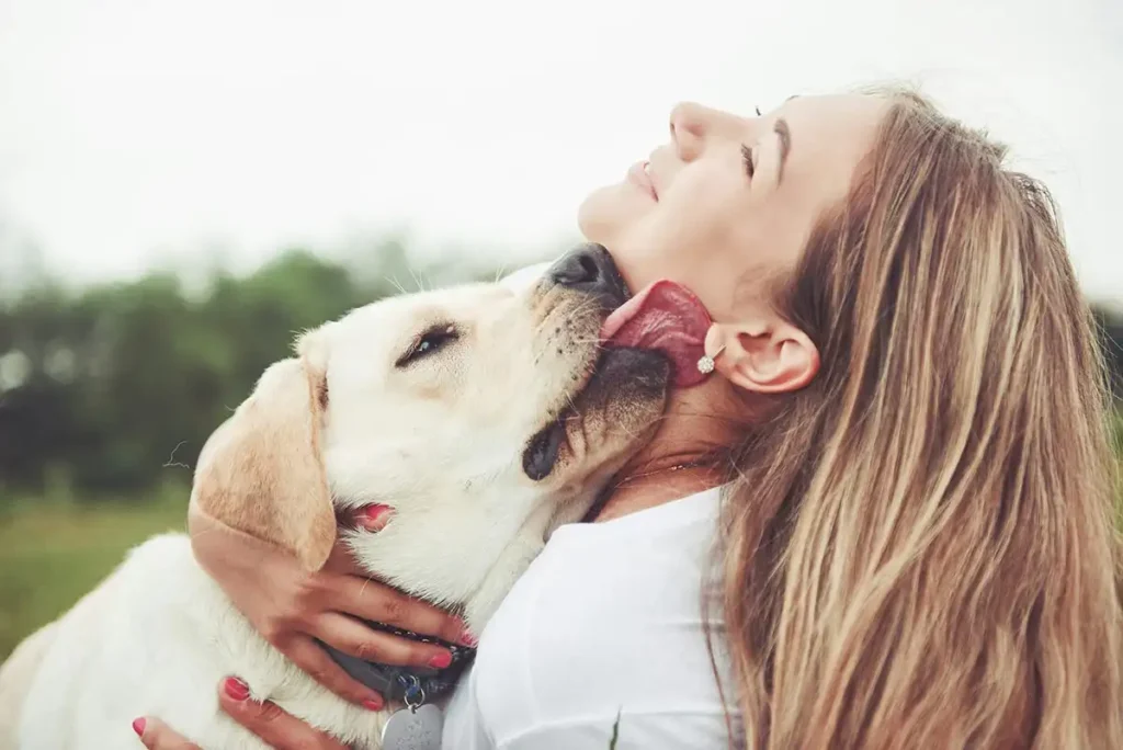 a beautiful girl-with a beautiful dog in a park on green grass