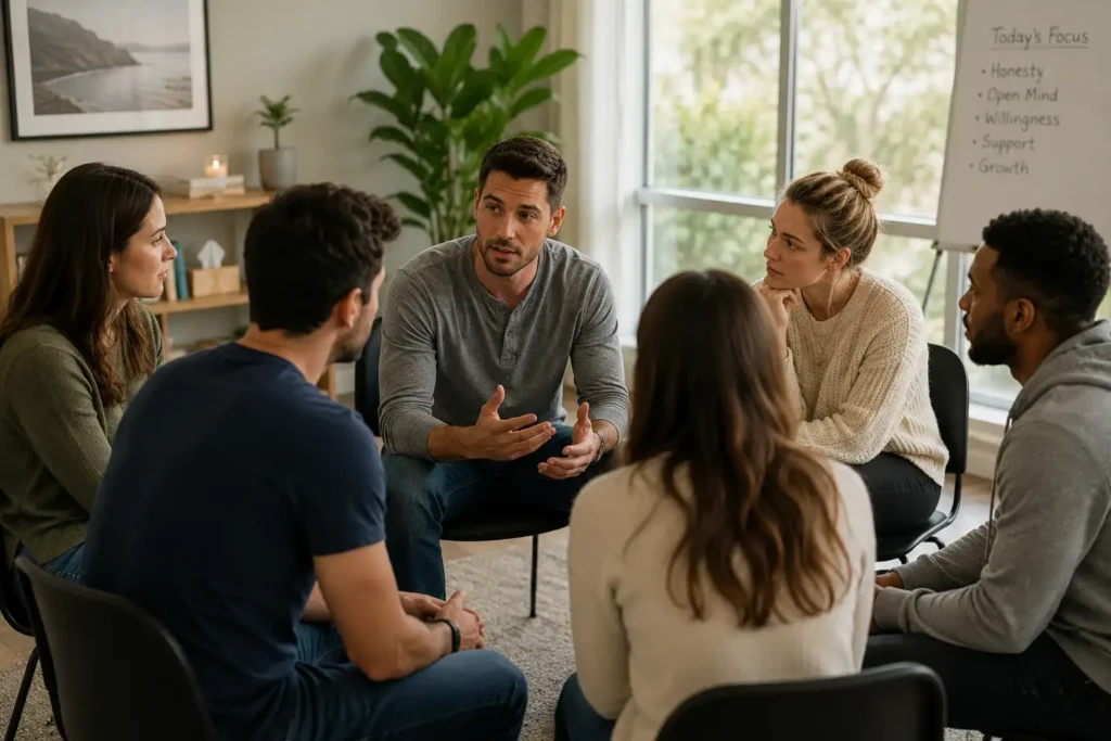 A diverse group of young adults sitting in a circle during a therapist-led group counseling session for substance abuse recovery.
