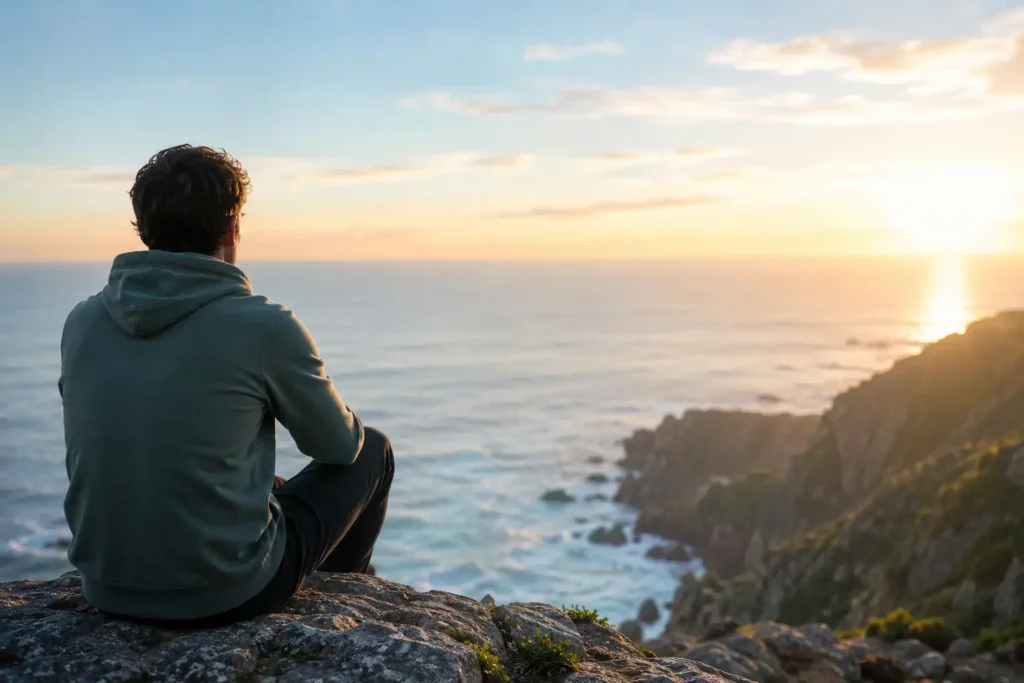 A young man overlooking the ocean at sunrise, reflecting on hope and recovery during his sobriety journey