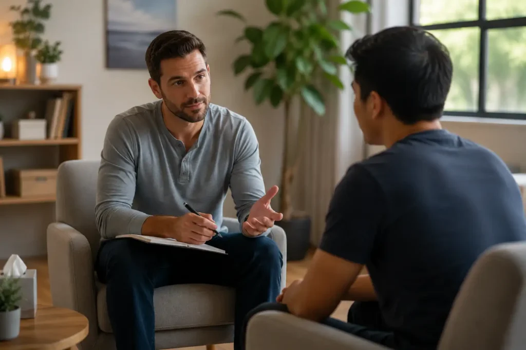 Therapist providing one-on-one addiction counseling to a young adult during an individual therapy session in a residential treatment center