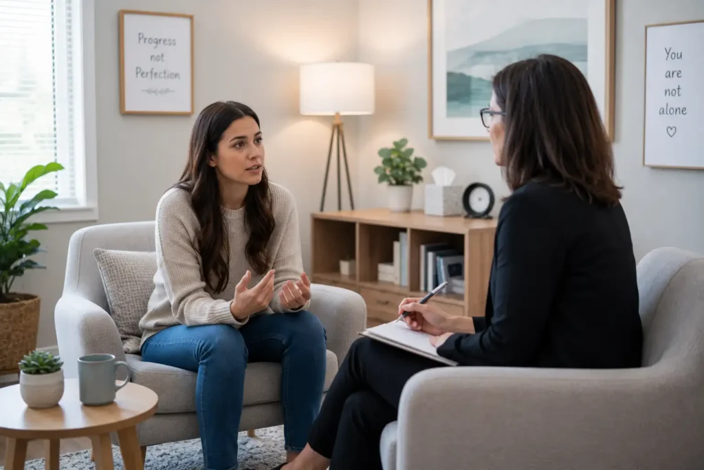 Woman speaking with a therapist during an individual counseling session for addiction recovery