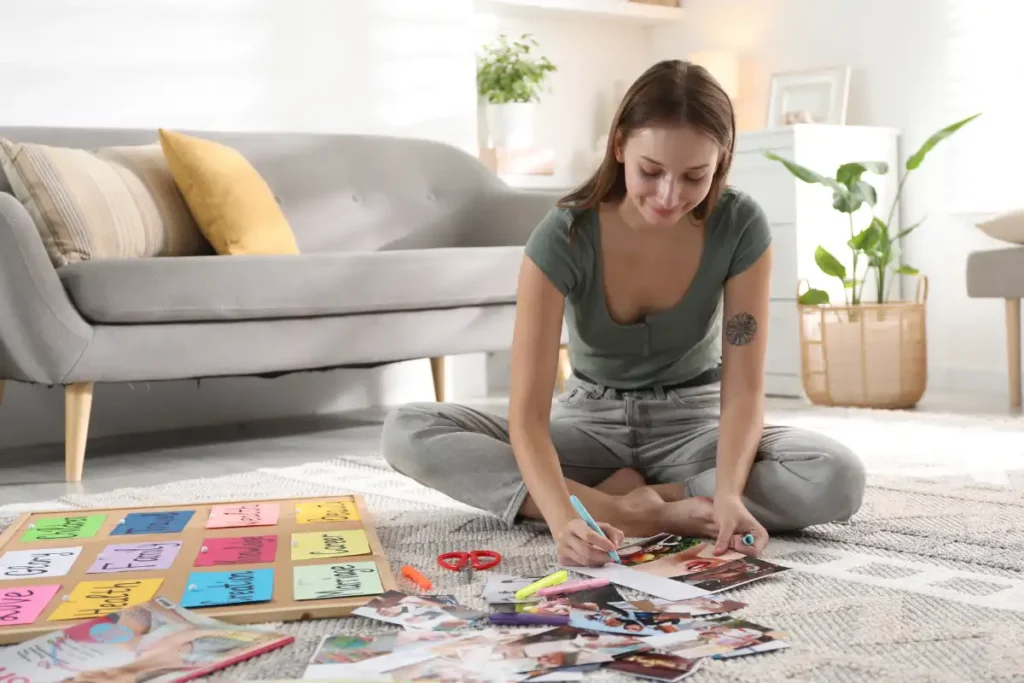 woman creating a vision board defining her recovery goals