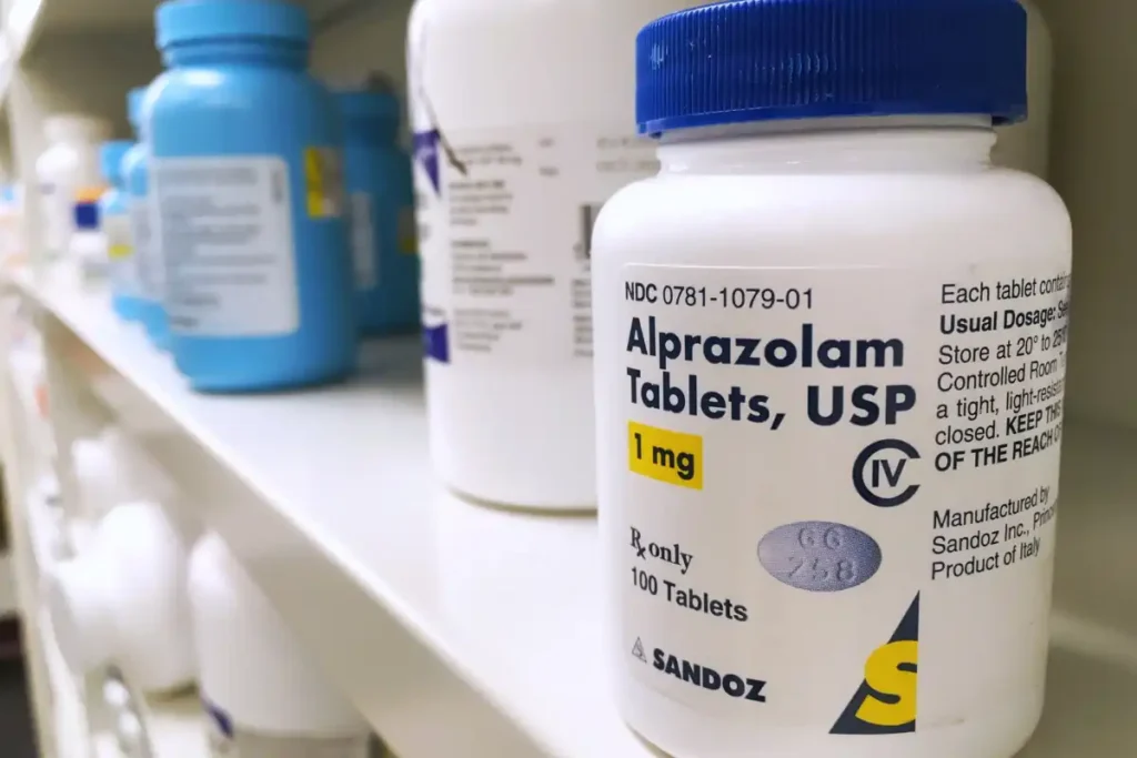 Editorial License - xanax bottle on shelf which is a popular drug to abuse and has street value