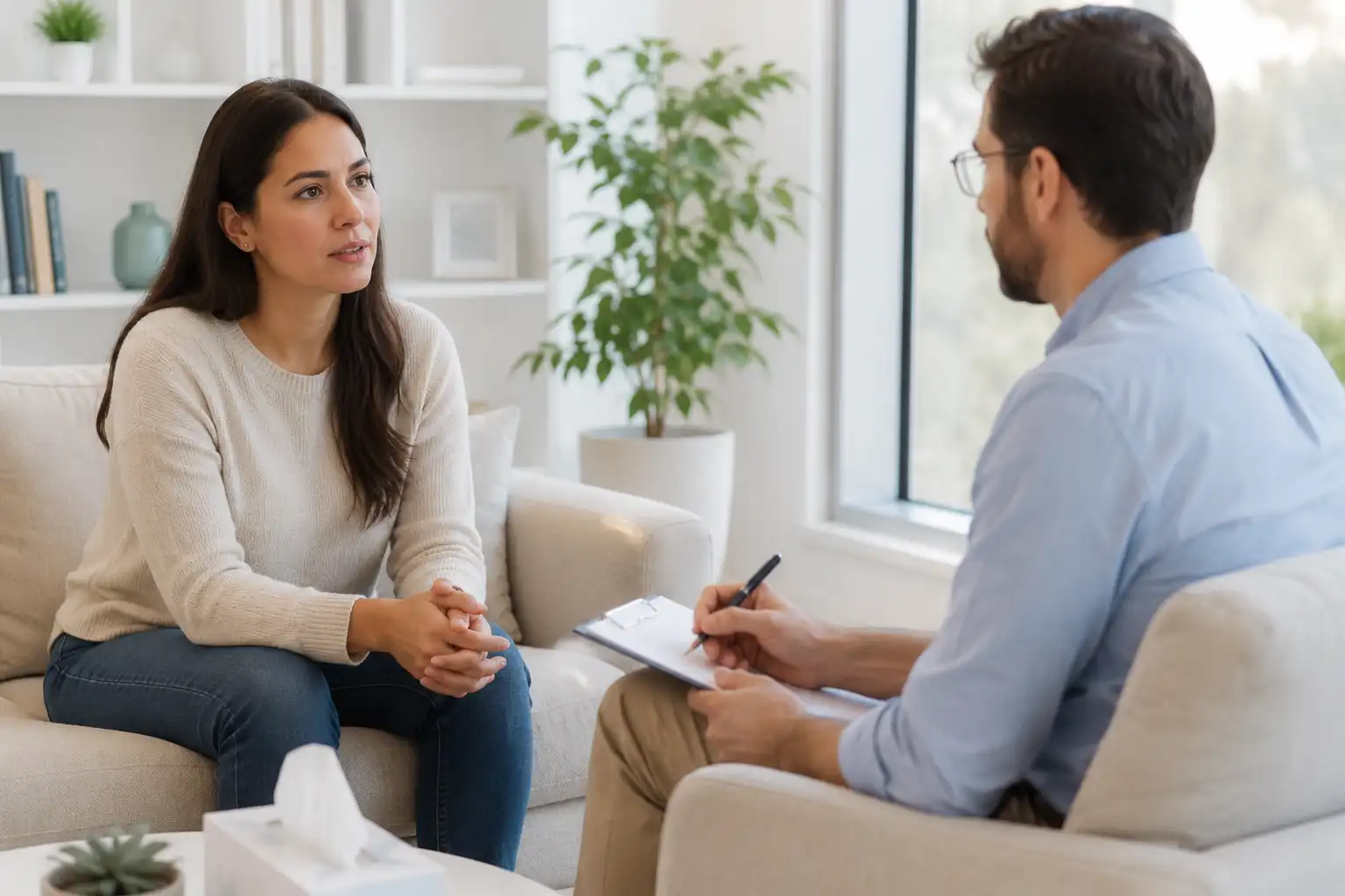 Female client speaking with a male psychologist during a one-on-one counseling session at a luxury rehab center