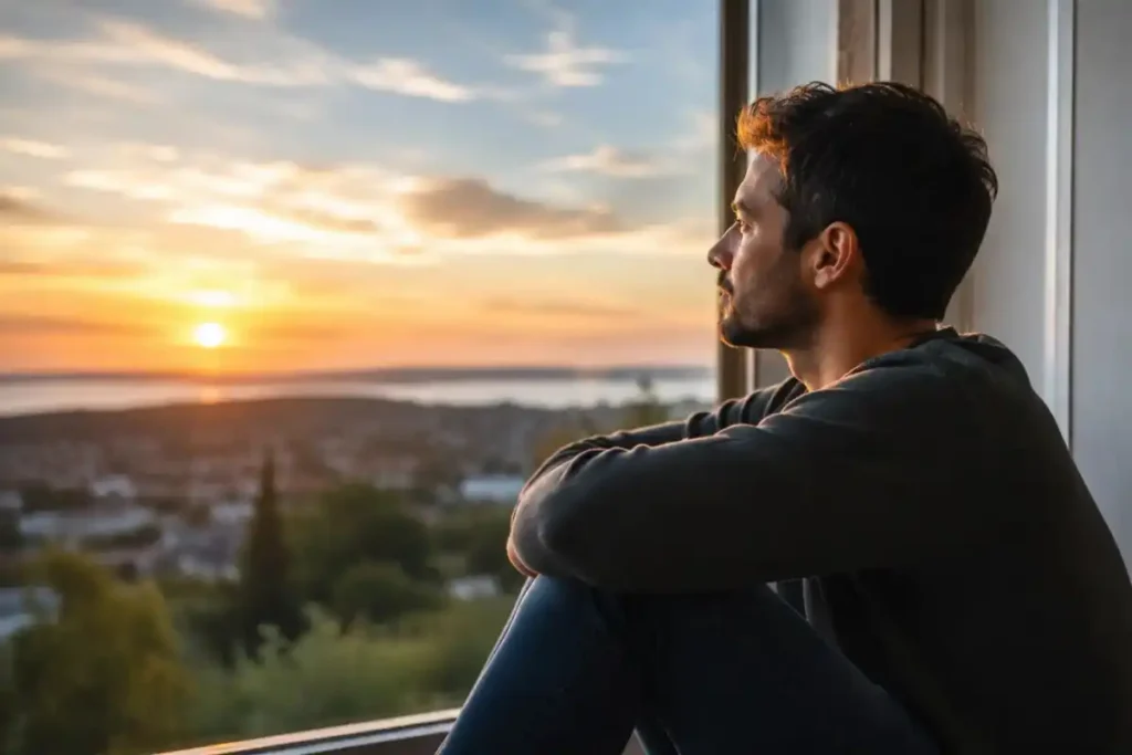 Man looking out a window during addiction recovery, representing the gradual healing of mental health after achieving sobriety at West Coast Detox in Corona, CA (1)