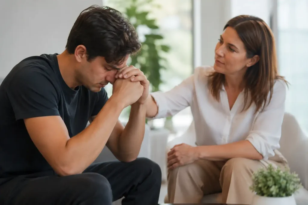 Man receiving compassionate counseling during cocaine addiction treatment in a bright, luxury rehab center