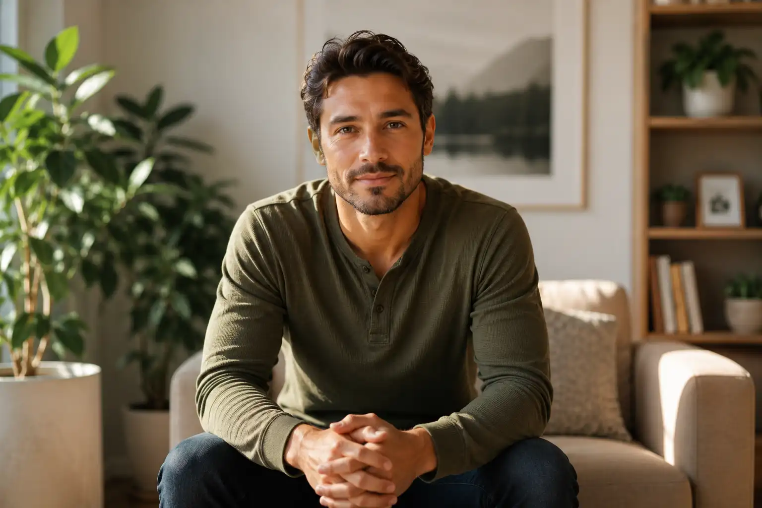Man seated in a modern addiction counseling room looking directly at the camera, representing relapse prevention planning and ongoing recovery support.