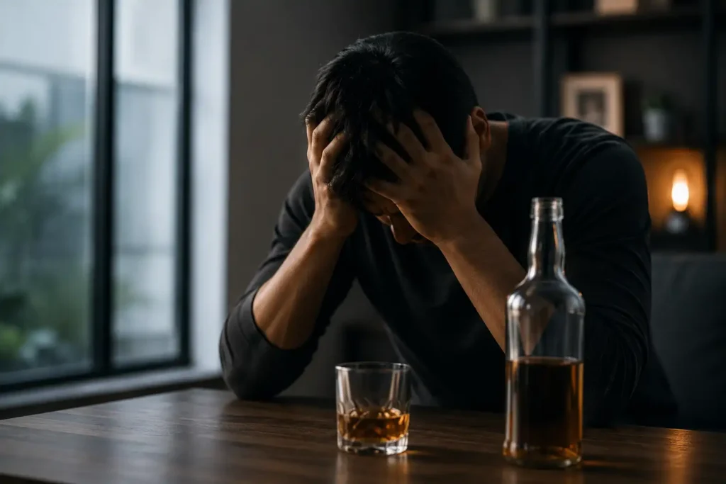 Man showing emotional distress beside alcohol, symbolizing common signs of alcohol addiction and the need for professional treatment