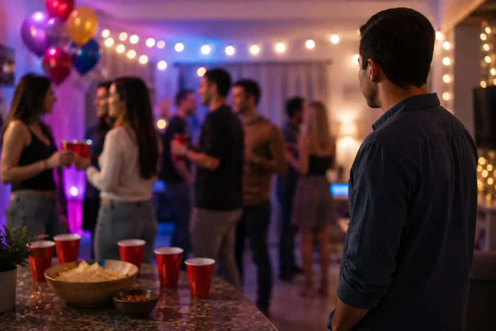 Man standing alone at a party while observing others, illustrating how social gatherings can trigger substance use cravings during recovery.