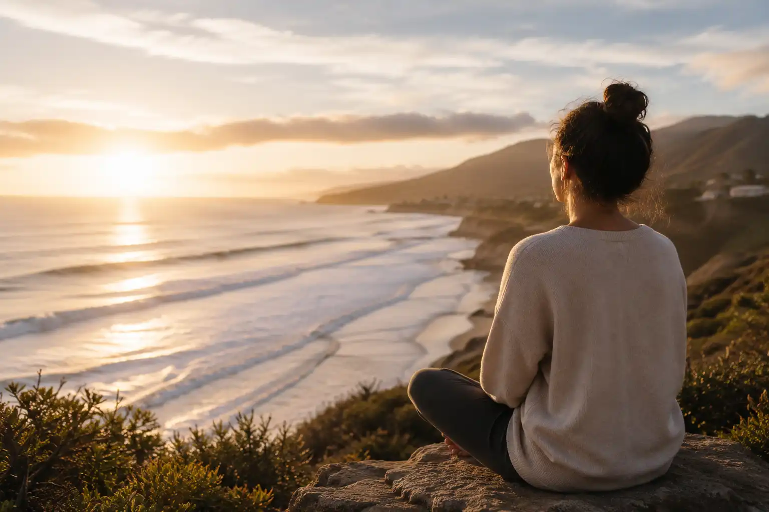 Person peacefully overlooking the ocean during sunrise, symbolizing improved mental health after sobriety and addiction recovery