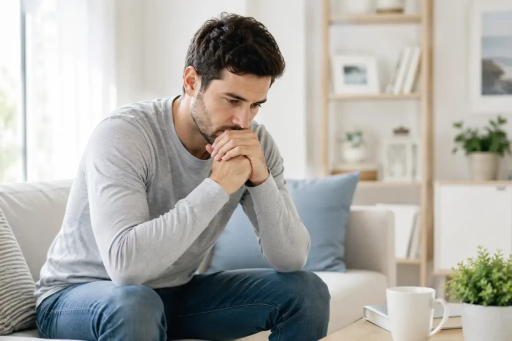 Thoughtful man sitting on a couch at home reflecting as he copes with addiction recovery triggers in a bright living room.