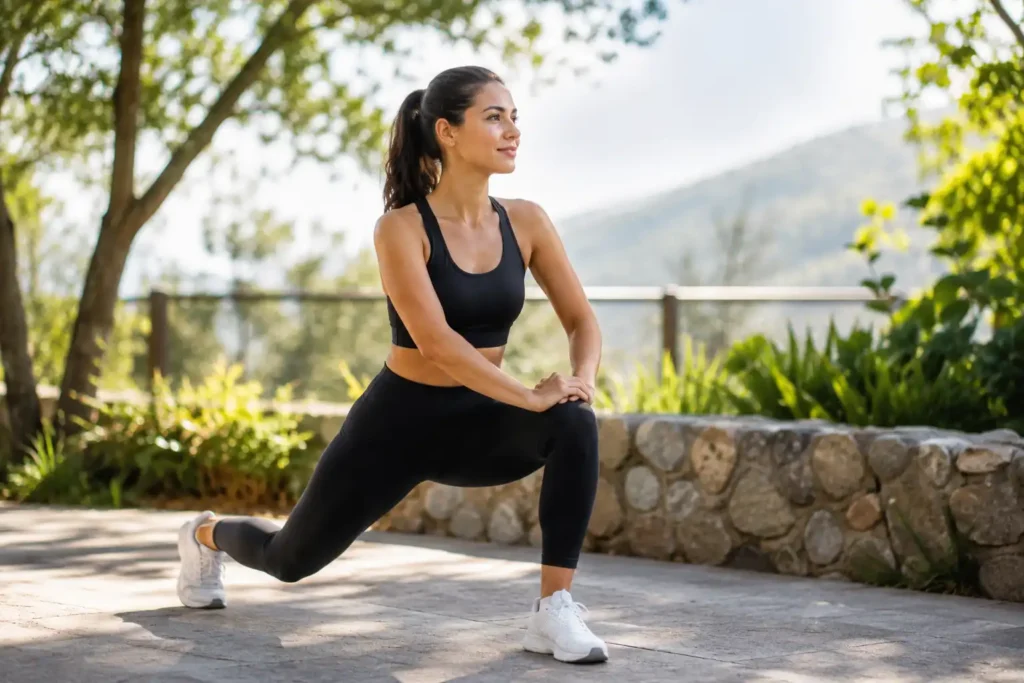 Woman performing outdoor stretching exercises in a sunny park to support physical and mental wellness