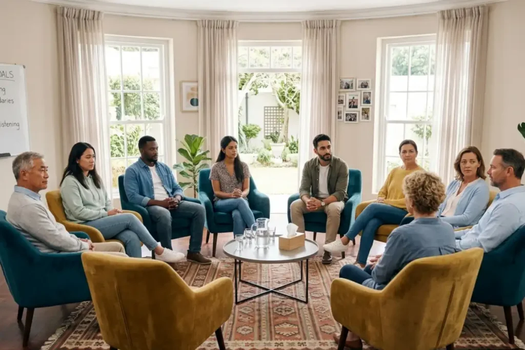 A diverse group of adults sitting in a circle of plush teal and yellow chairs during a therapy session in a brightly lit, comfortable community room