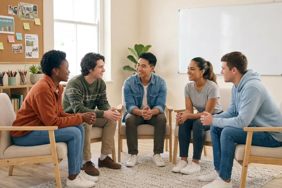 A diverse group of five young adults seated in a semi-circle of armchairs, smiling and having a conversation in a bright community room