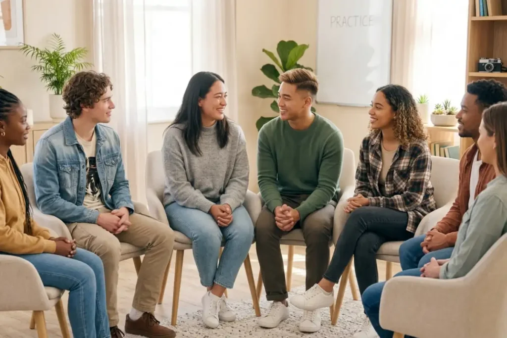 A diverse group of seven young adults seated in a semi-circle of armchairs, smiling and having a conversation in a bright community room