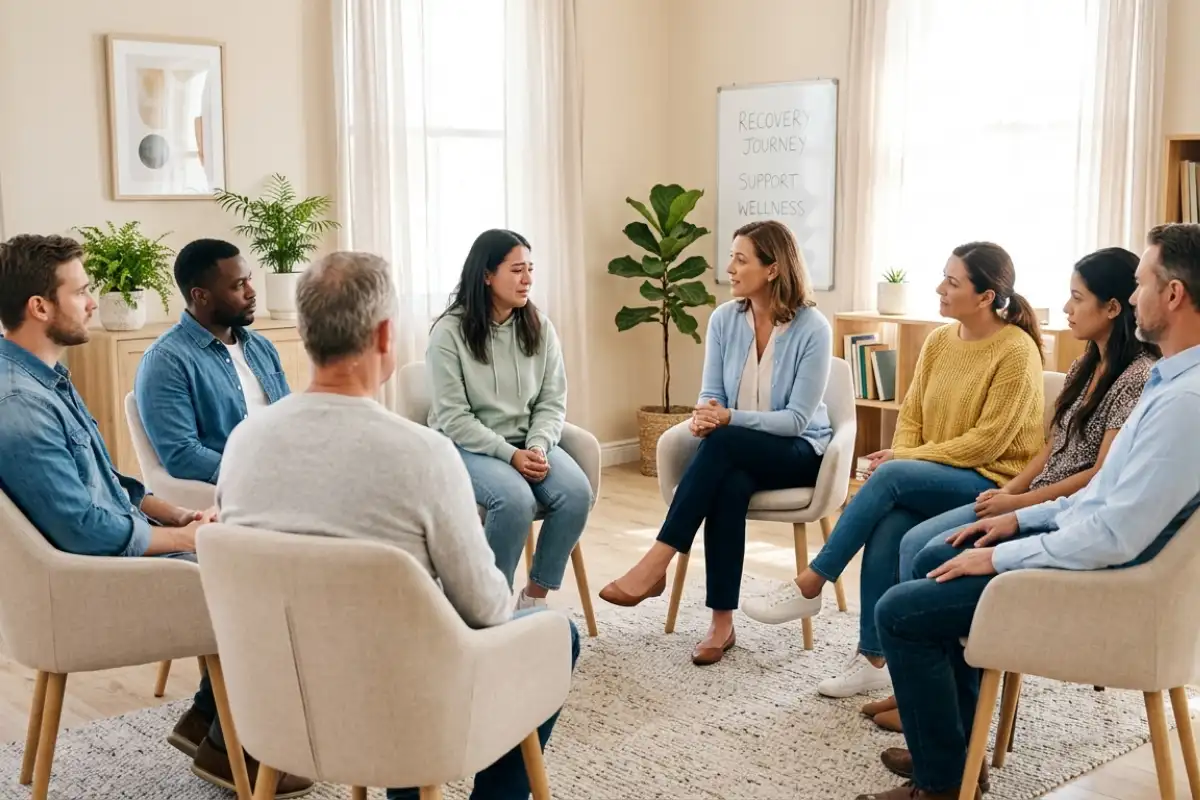 A diverse group therapy session seated in a circle in a bright, sunlit room with soft beige and pastel tones.