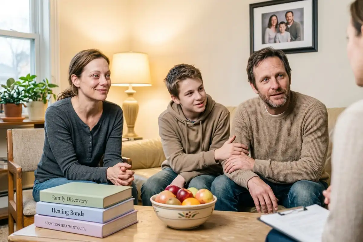 A family of three sits during a counseling session with a psychologist
