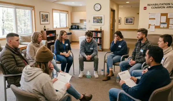 A group of young adult men and women sitting in a circle during a group therapy session in an inpatient rehabilitation unit common area