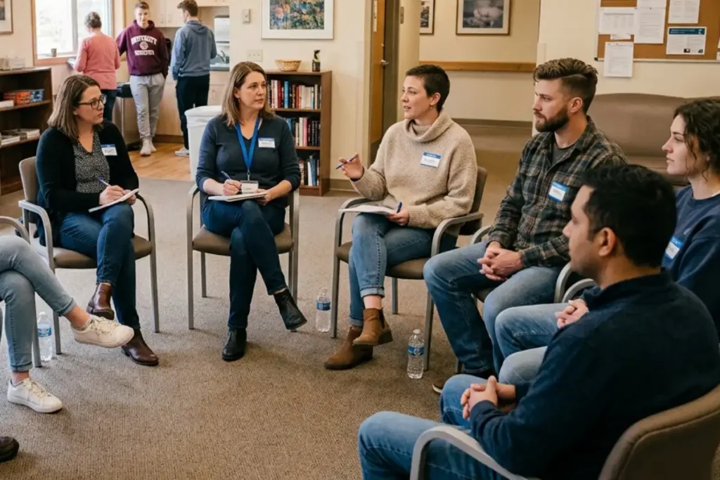 A group of young adult men and women sitting in a circle during a group therapy session in an inpatient rehabilitation unit common area.
