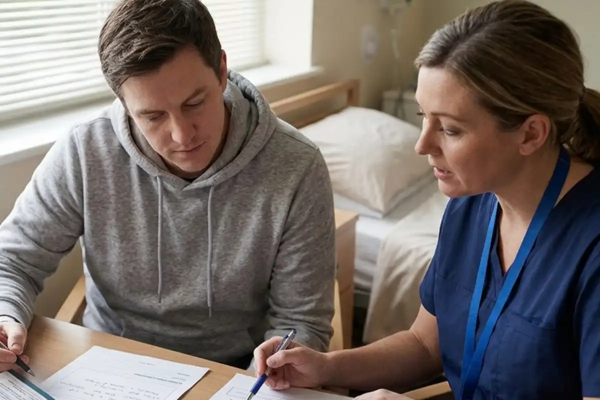 A patient and a nurse discuss a treatment plan and medications at a desk in a medical room.