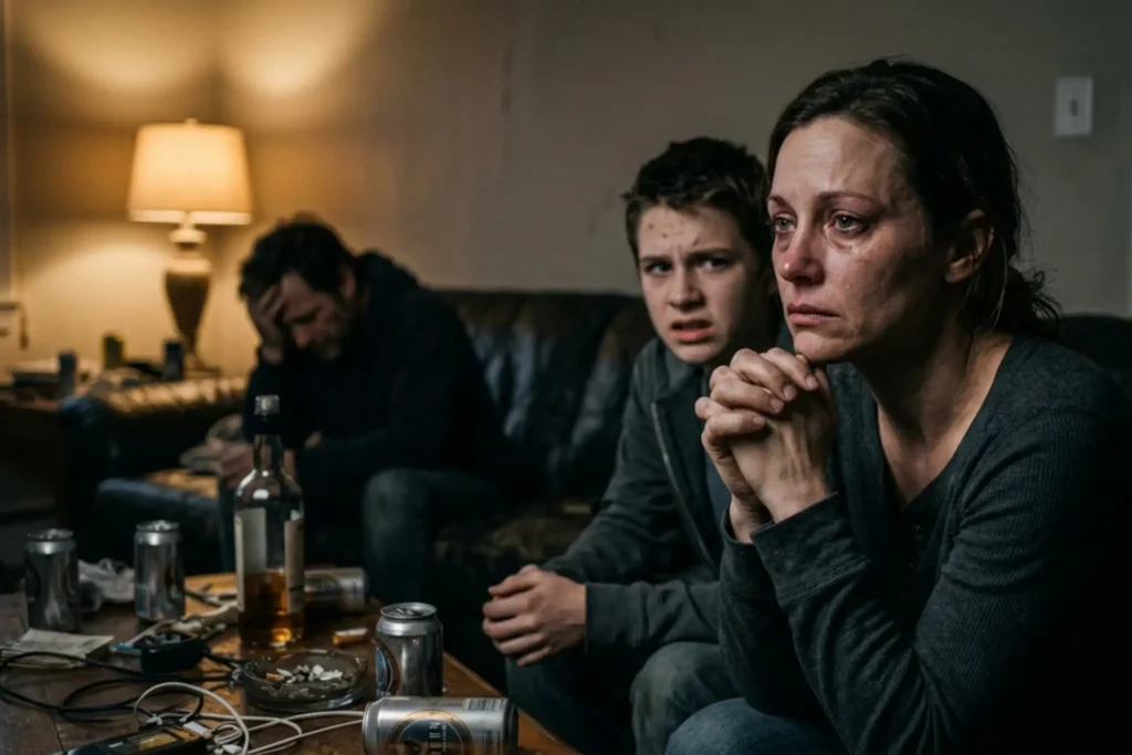 A tearful mother and anxious son look on in a messy living room, while a distressed man sits in the background near alcohol, illustrating the family impact of substance abuse