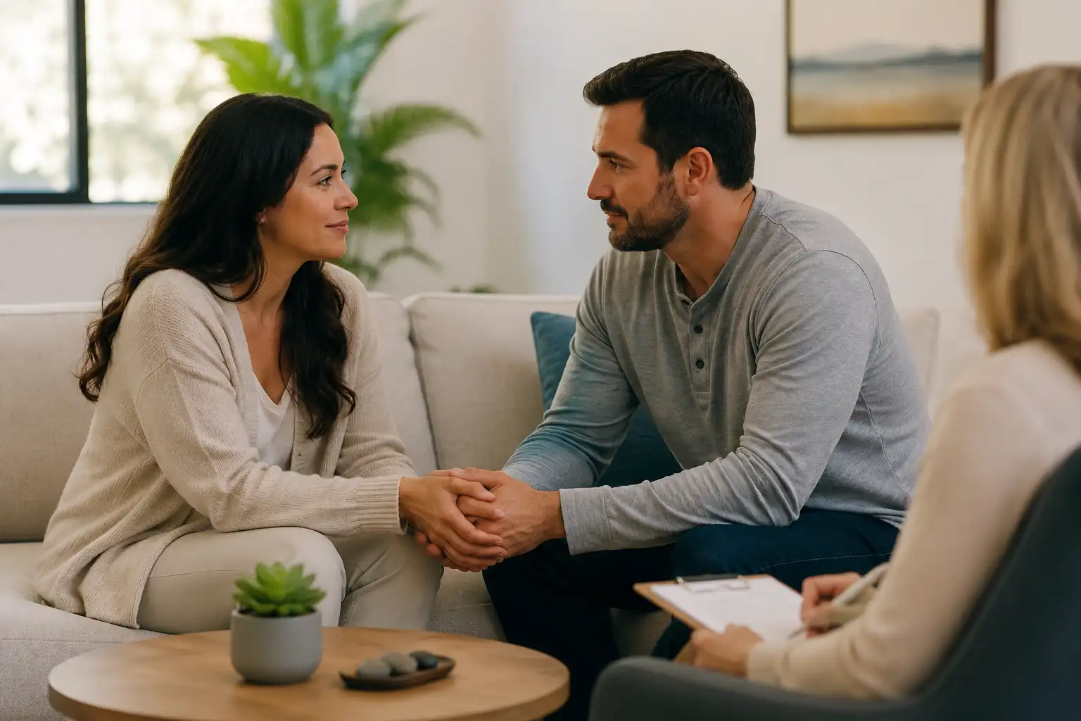 Couple holding hands during counseling at a drug and alcohol rehab center