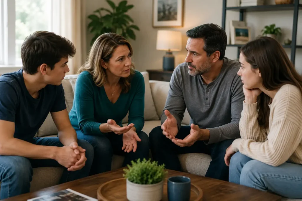 Engaged Family Conversation in Cozy Living Room