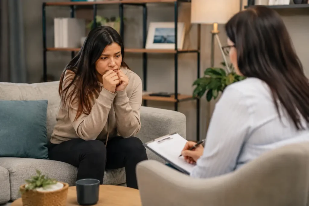 Female client speaking with a therapist during an individual counseling session.
