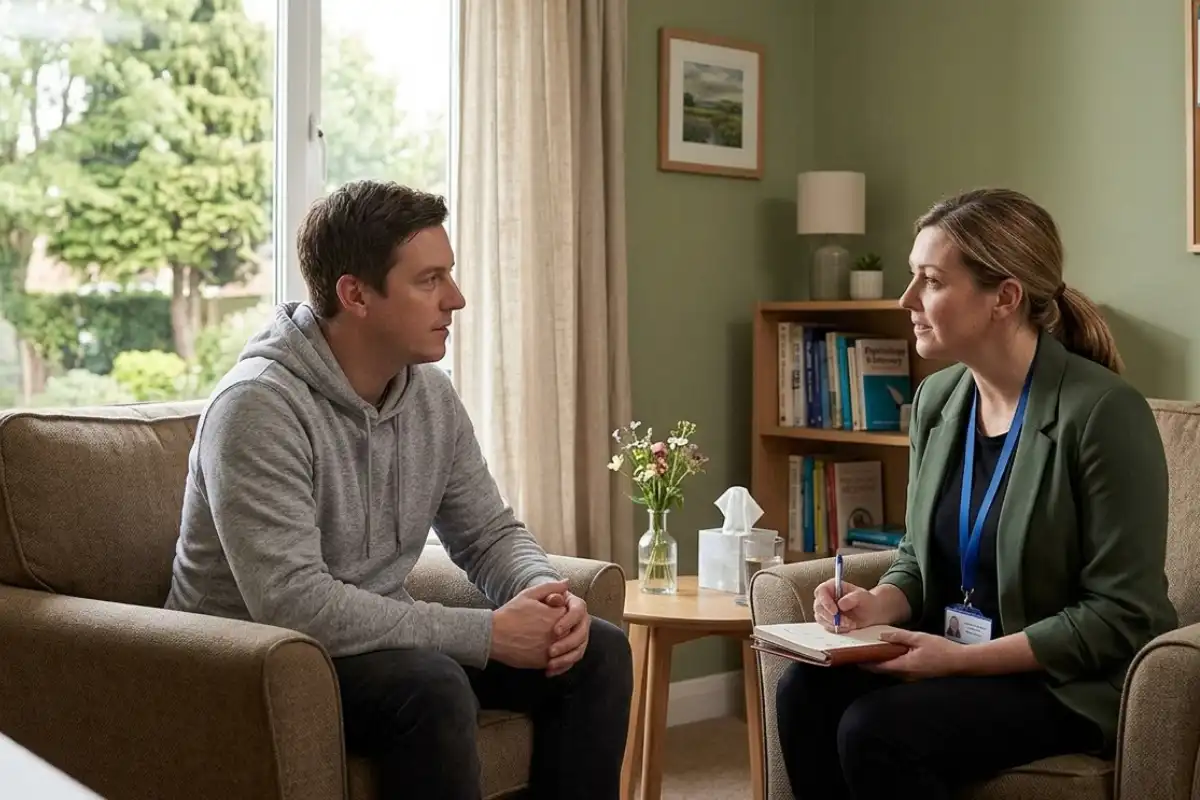 Female therapist attentively taking notes during a counseling session with a male patient in a calm, modern office.