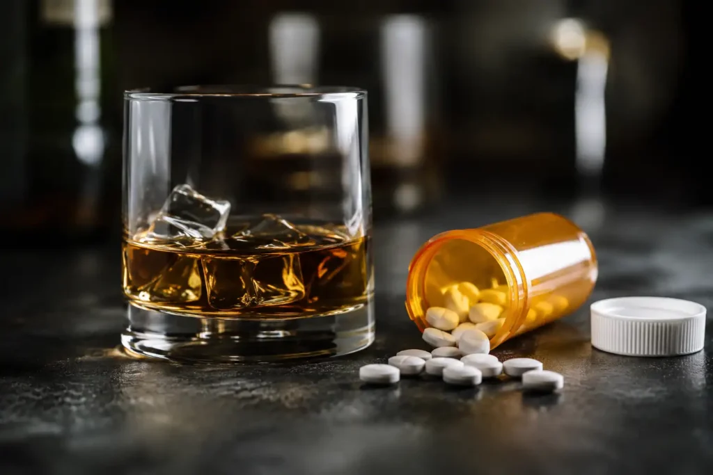 Glass of whiskey beside a prescription pill bottle with spilled tablets illustrating the dangers of mixing alcohol and prescription drugs
