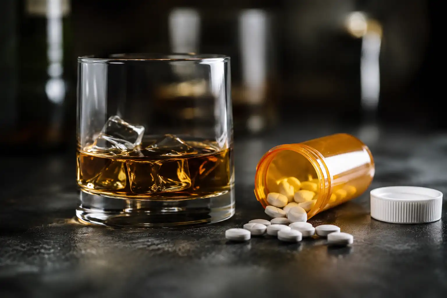 Glass of whiskey beside a prescription pill bottle with spilled tablets illustrating the dangers of mixing alcohol and prescription drugs