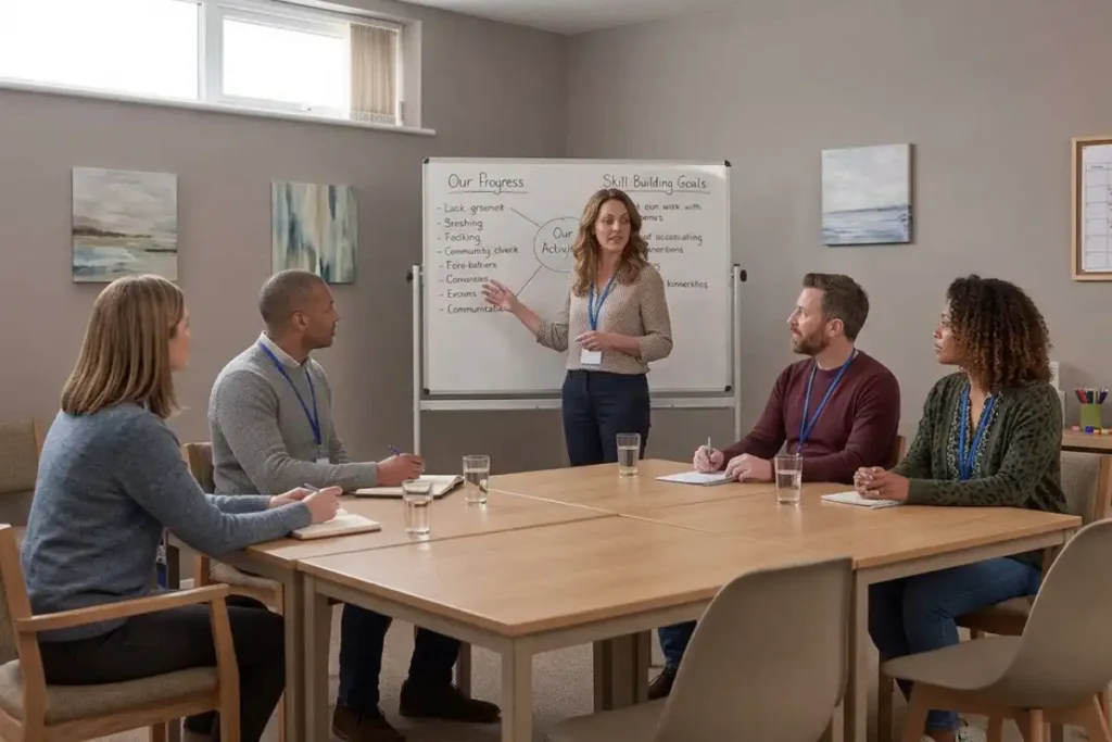 Group therapy skill-building workshop in a rehab center with adults seated around a conference table listening to a counselor at a whiteboard