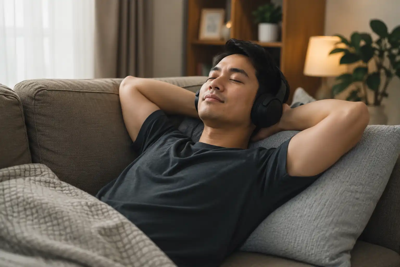 Man relaxing on a sofa bed while listening to music with headphones.