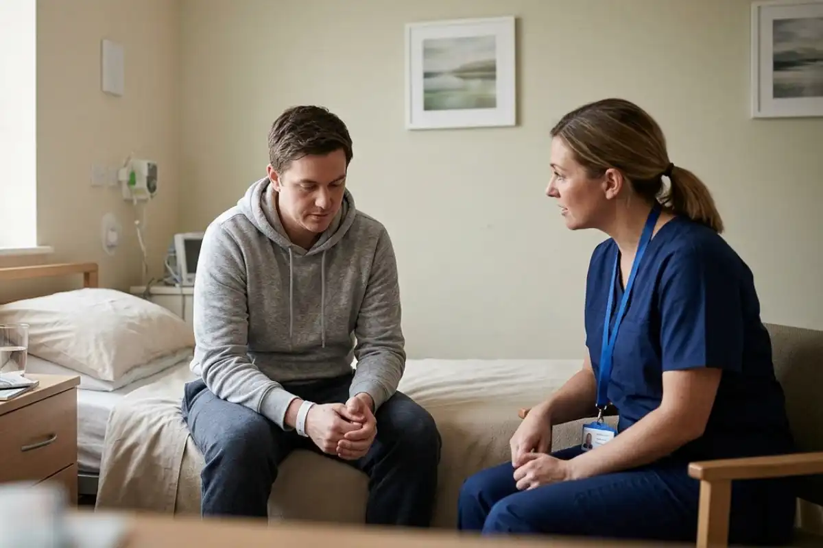 Patient receiving support from a medical nurse in a calm rehabilitation facility bedroom