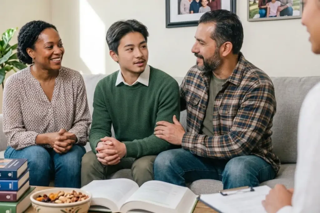 Young adult supported by his family during addiction recovery