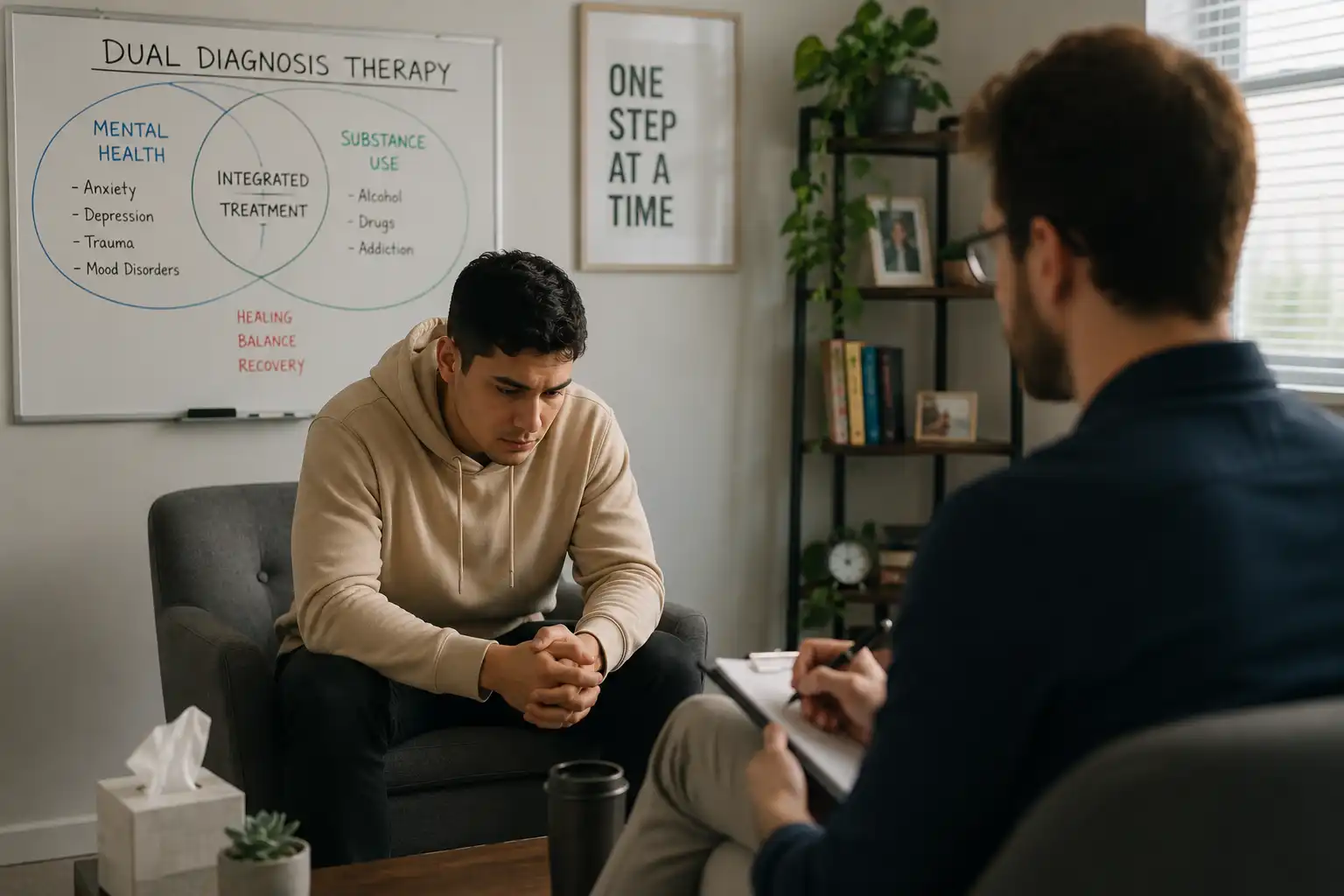 a male client during dual diagnosis therapy session in corona, california