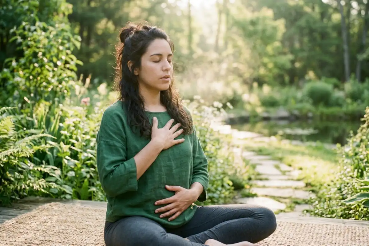 hispanic woman doing deep breathing 