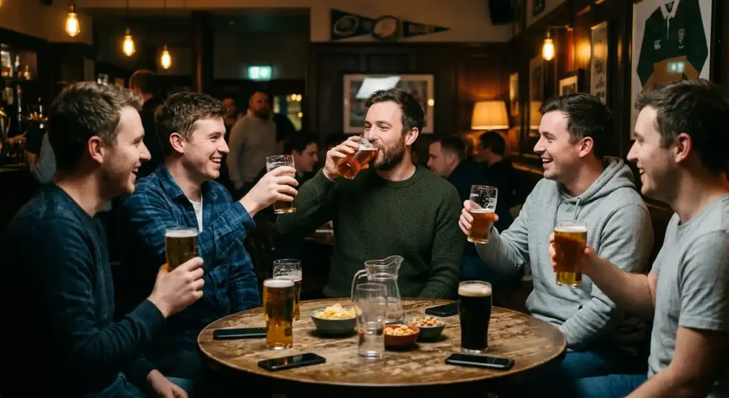 A group of male friends sitting around a wooden table in a dimly lit pub, laughing and raising beer glasses together