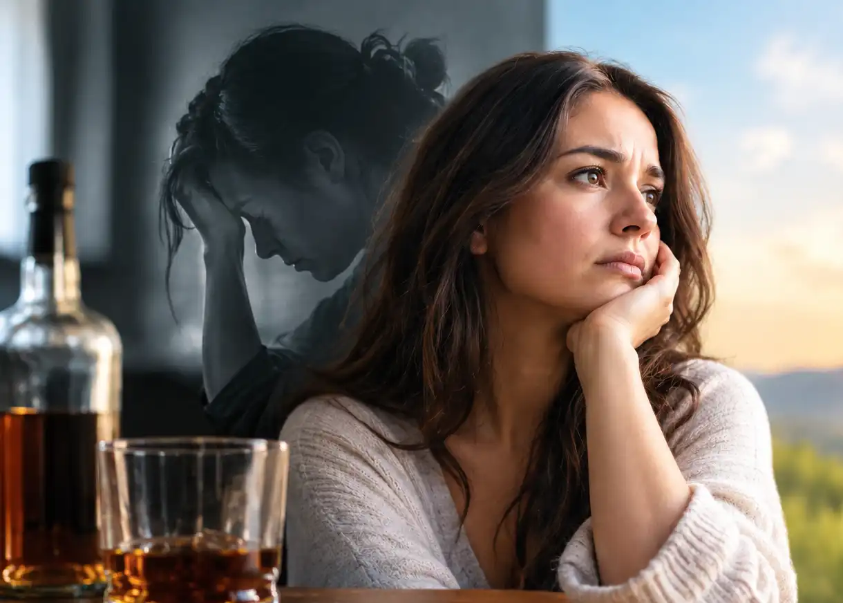 Woman struggling with the physical and emotional effects of alcohol addiction