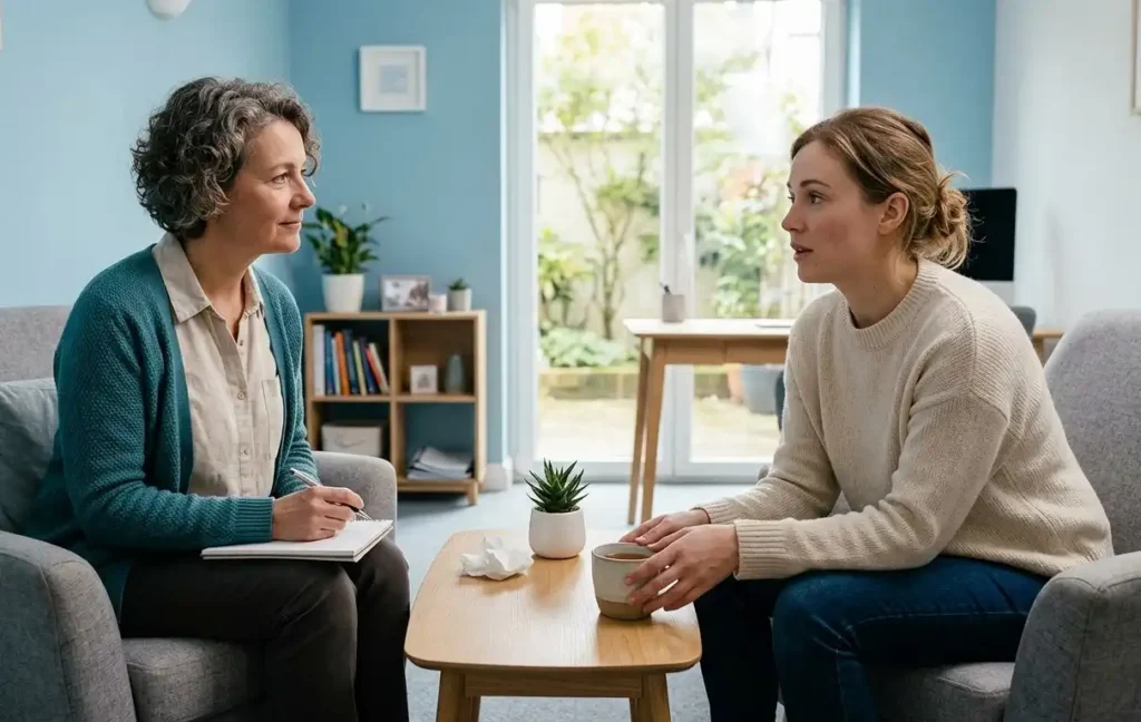 female client during one on one counseling in alcohol rehab