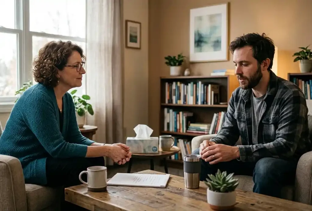 male client and female psychologist during one on one counseling in drug rehab center