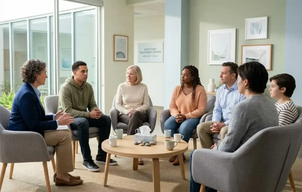 men and women during group session for alcohol treatment in Corona CA