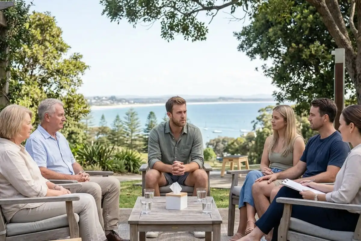supportive family of a male client during addiction treatment