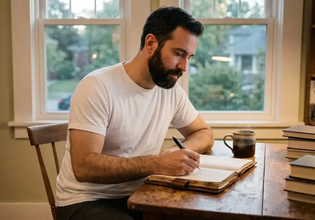 A bearded man wearing a white t-shirt sitting at a wooden desk near a window, writing attentively in an open journal
